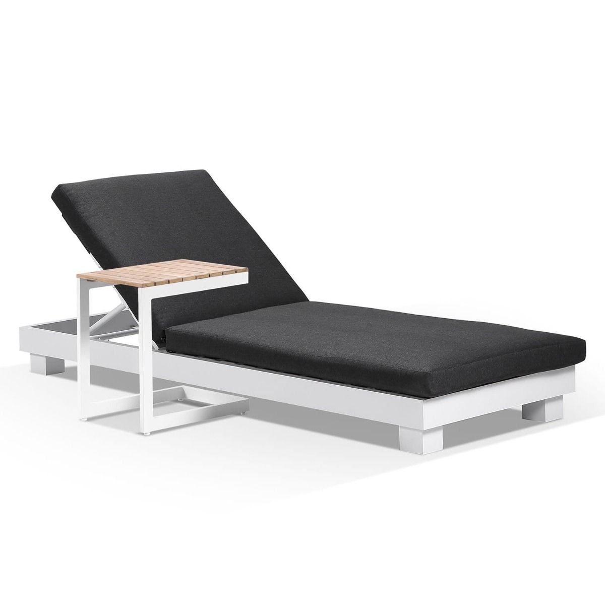 "Hawaii" Hamptons Style Aluminium Sun Lounge in White with Denim Grey Cushion & Teak Look Side Table