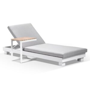 wp-image-tigress-37376.jpeg "Hawaii" Hamptons Style Aluminium Sun Lounge in White with Olefin Grey Cushion & Teak Look Side Table