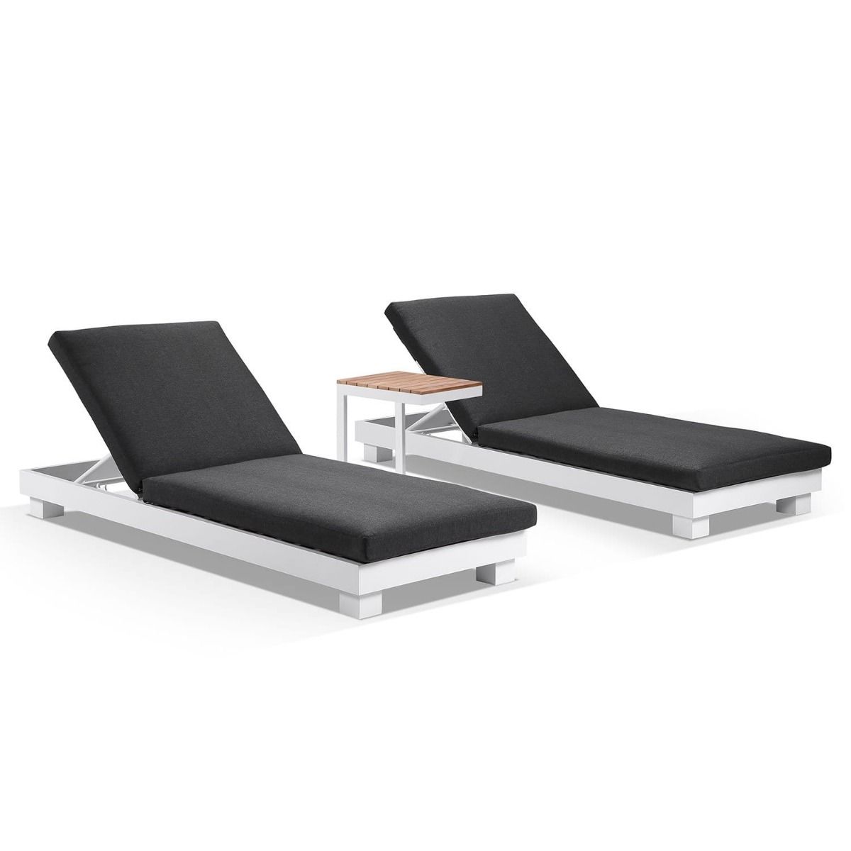 "Hawaii" Hamptons Style Aluminium Sun Lounge Set in White with Denim Grey Cushions & Teak Look Side Table
