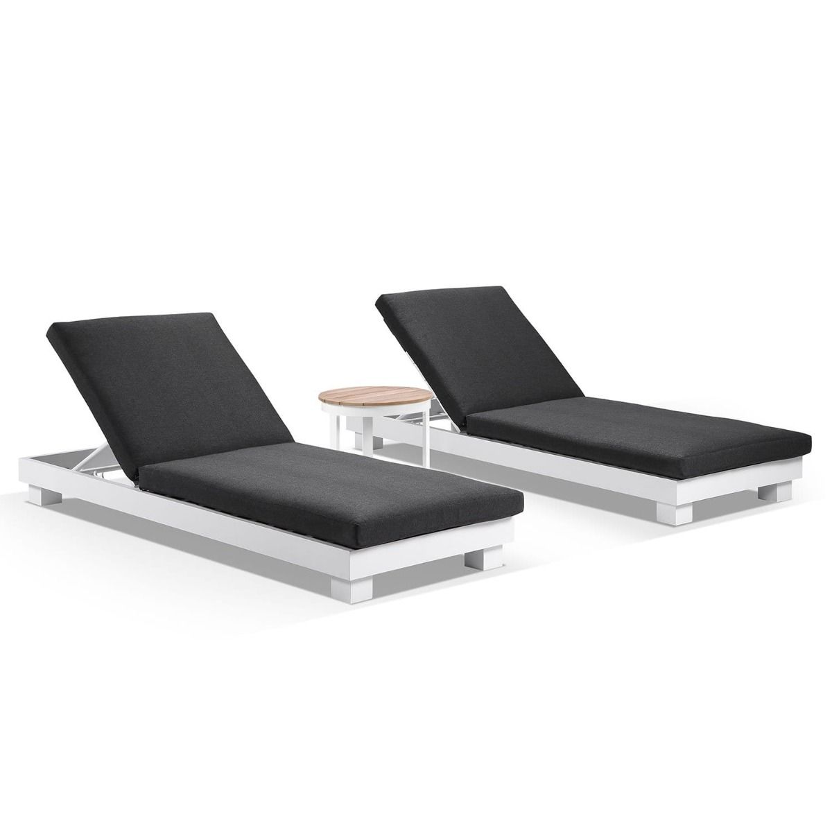 "Hawaii" Hamptons Style Aluminium Sun Lounge Set in White with Denim Grey Cushions & Teak Look Round Side Table