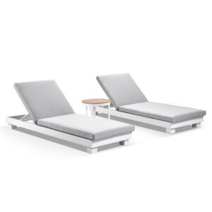 wp-image-tigress-37388.jpeg "Hawaii" Hamptons Style Aluminium Sun Lounge Set in White with Olefin Grey Cushions & Teak Look Round Side Table