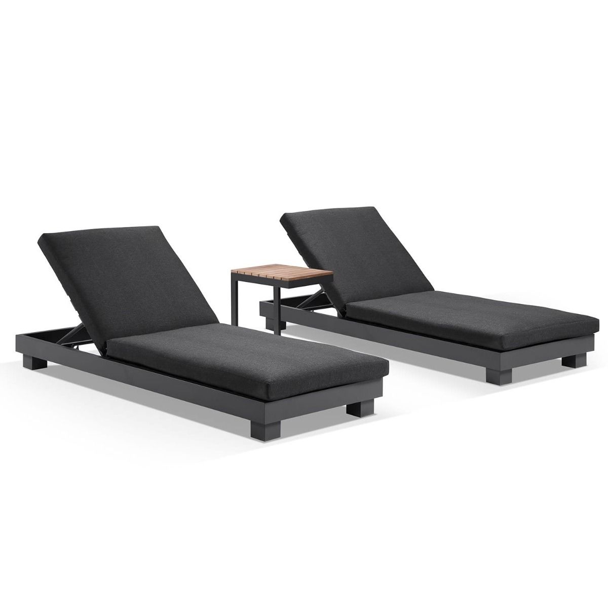 "Hawaii" Hamptons Style Aluminium Sun Lounge Set in Charcoal with Denim Grey Cushions & Teak Look Side Table