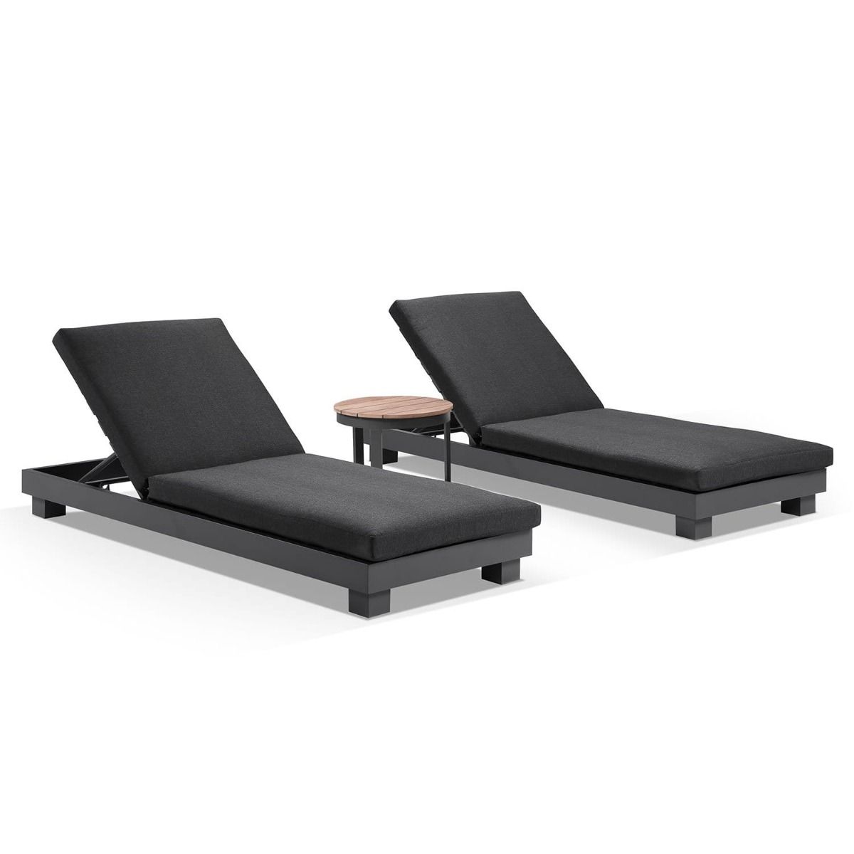 "Hawaii" Hamptons Style Aluminium Sun Lounge Set in Charcoal with Denim Grey Cushions & Teak Look Round Side Table