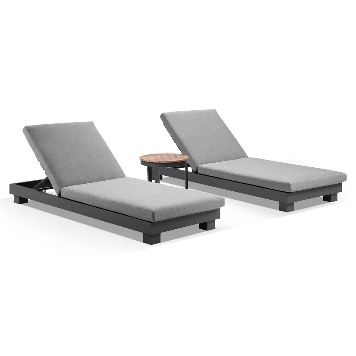 "Hawaii" Hamptons Style Aluminium Sun Lounge Set in Charcoal with Olefin Grey Cushions & Teak Look Round Side Table