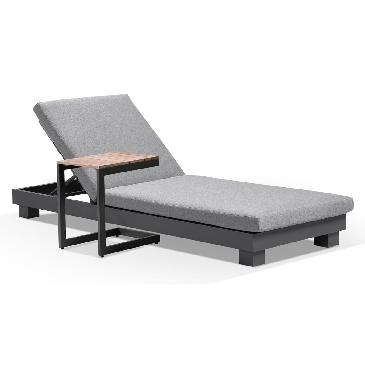 "Hawaii" Hamptons Style Aluminium Sun Lounge in Charcoal with Olefin Grey Cushion & Teak Look Side Table