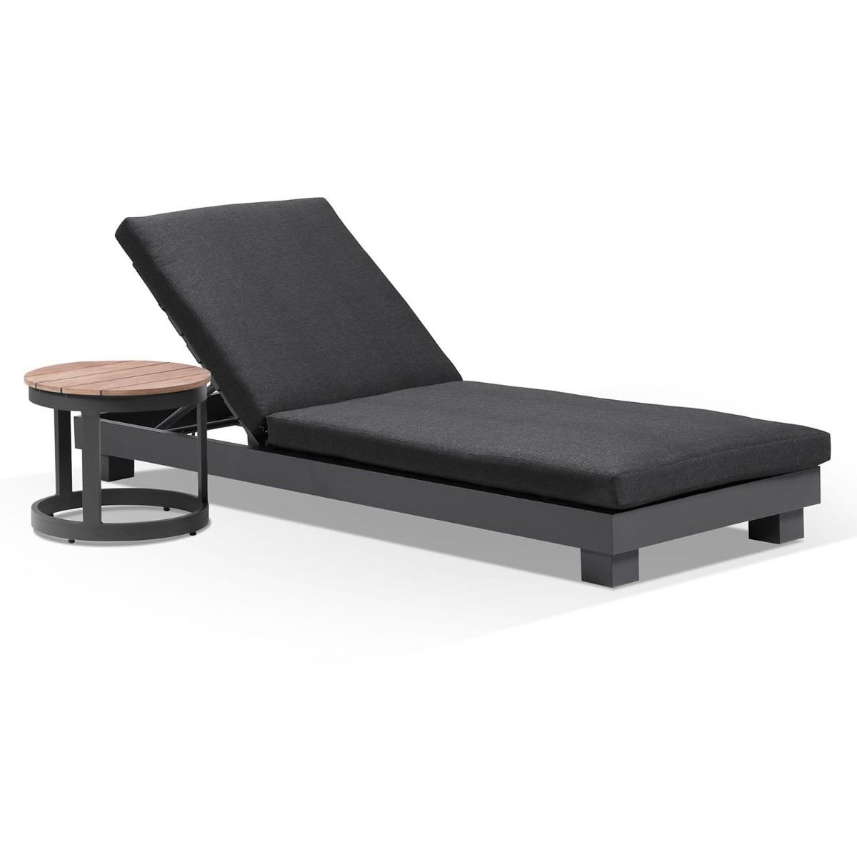 "Hawaii" Hamptons Style Aluminium Sun Lounge in Charcoal with Denim Grey Cushion & Teak Look Round Side Table