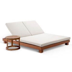 wp-image-tigress-37463.jpg "Hawaii" Hamptons Style Double Aluminium Sun Lounge in Teak Look with Cream Cushion & Round Side Table
