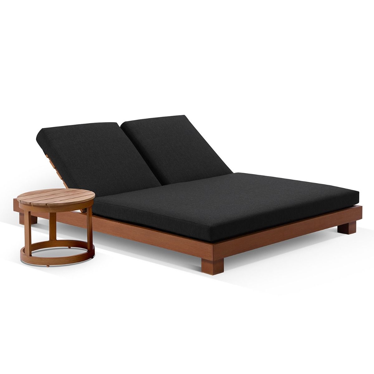 "Hawaii" Hamptons Style Double Aluminium Sun Lounge in Teak Look with Denim Grey Cushion & Round Side Table