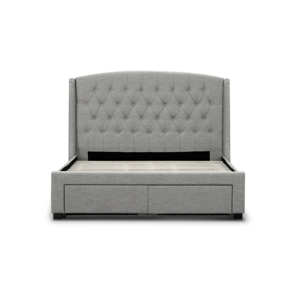 "Amelia" Hamptons Style Buttoned Back Upholstered Fabric Bed Frame 4 Storage Drawers King Size, Stone (RRP $2299)