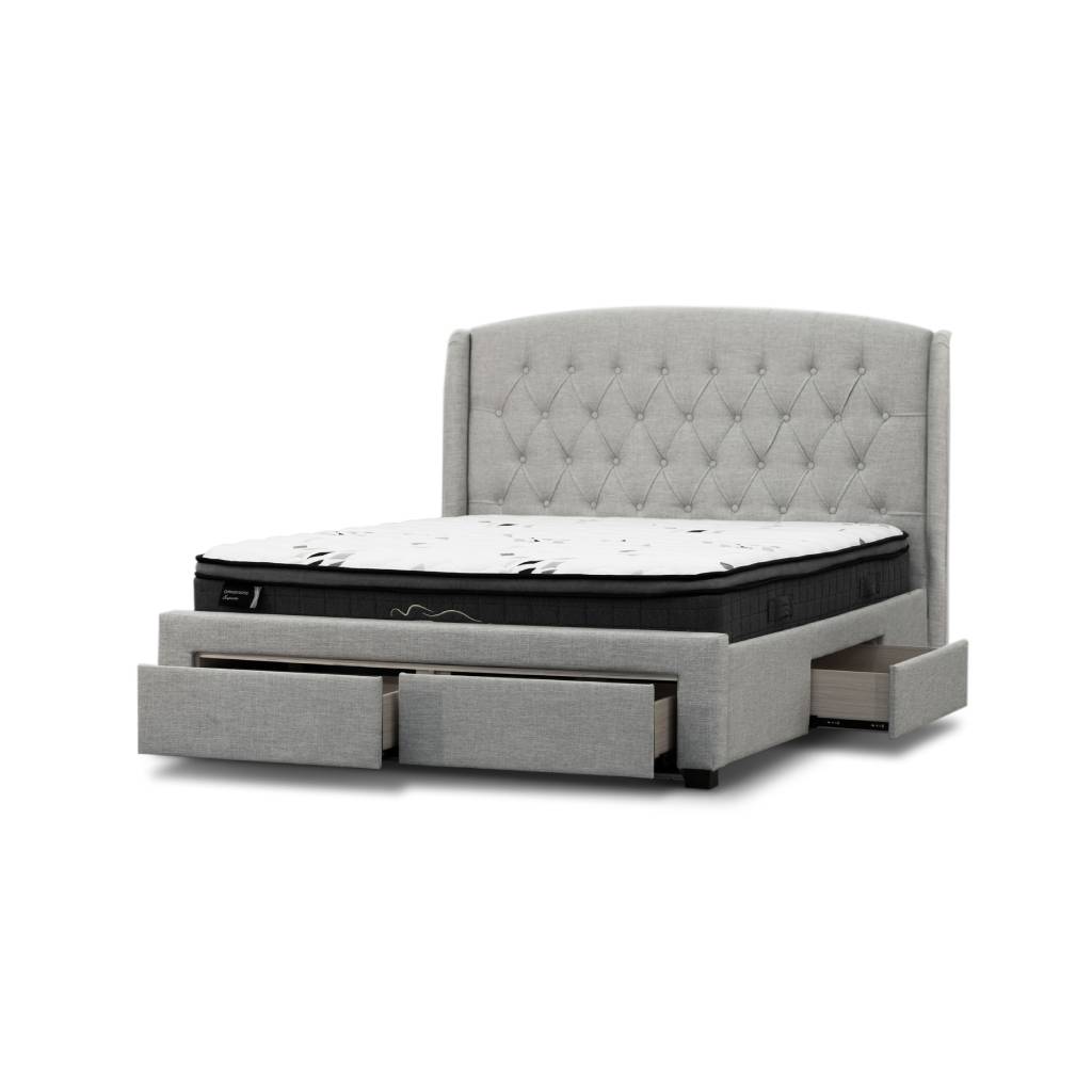 "Amelia" Hamptons Style Buttoned Back Upholstered Fabric Bed Frame 4 Storage Drawers King Size, Stone (RRP $2299) - Image 2