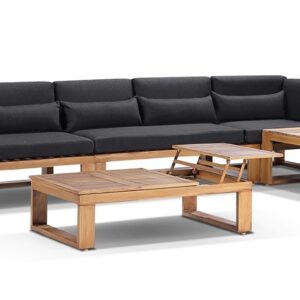 "Hawaii" Hamptons Style Aluminium Modular Lounge Setting with 2 x Coffee Tables in Teak Look with Denim Cushions