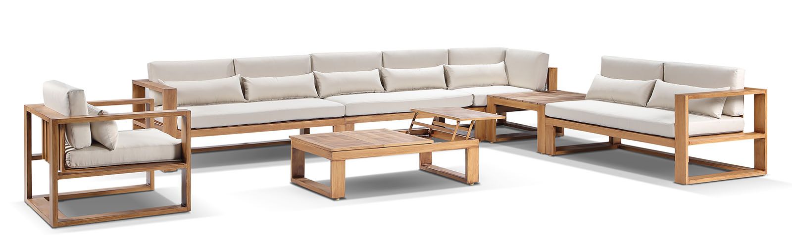 "Hawaii" Hamptons Style Aluminium Modular Lounge Setting with 2 x Coffee Tables in Teak Look with Cream Cushions