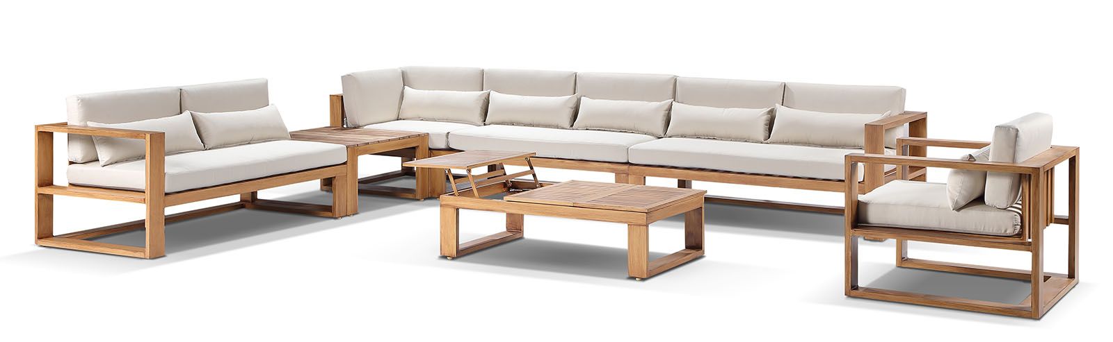 "Hawaii" Hamptons Style Aluminium Modular Lounge Setting with 2 x Coffee Tables in Teak Look with Cream Cushions - Image 2