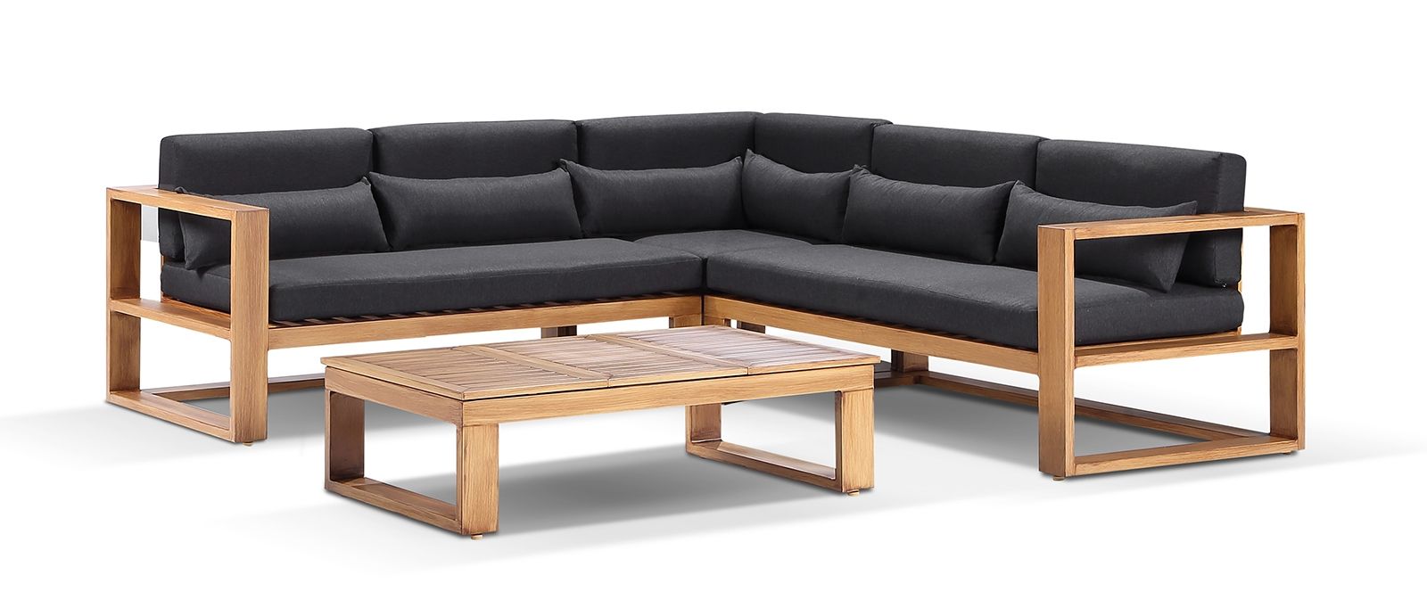 "Hawaii" Hamptons Style Aluminium Outdoor Modular Lounge Setting with Coffee Table in Teak Look with Denim Grey Cushions
