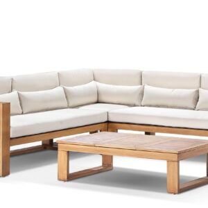 "Hawaii" Hamptons Style Aluminium Outdoor Modular Lounge Setting with Coffee Table in Teak Look with Cream Cushions