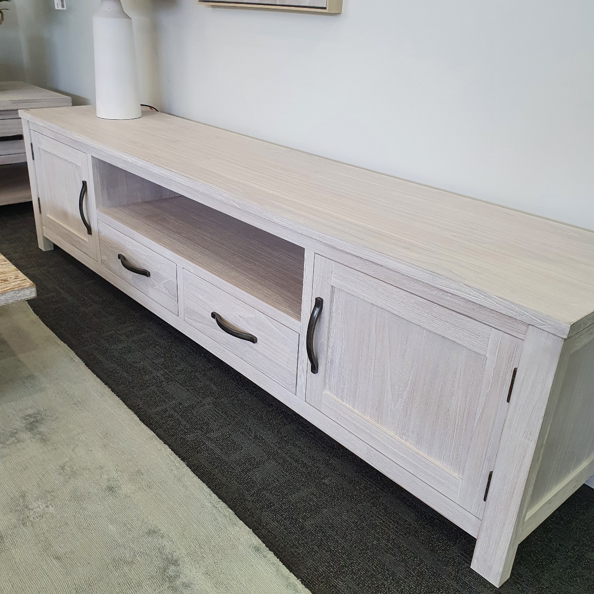 "Avalon" Coastal Style Timber TV Entertainment Unit 2 Doors 2 Drawers, White Wash 216cmW x 45cmD x 55cmH (RRP $1499) - Image 6