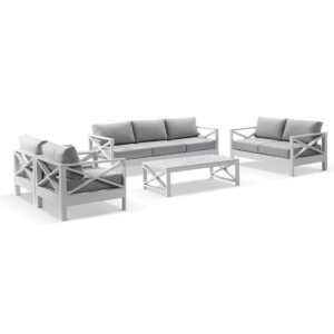 wp-image-tigress-38614.jpg "Montego Bay" Hamptons Style Outdoor Aluminium 5 Piece Lounge Setting, White with Olefin Grey Cushions (RRP $5999)