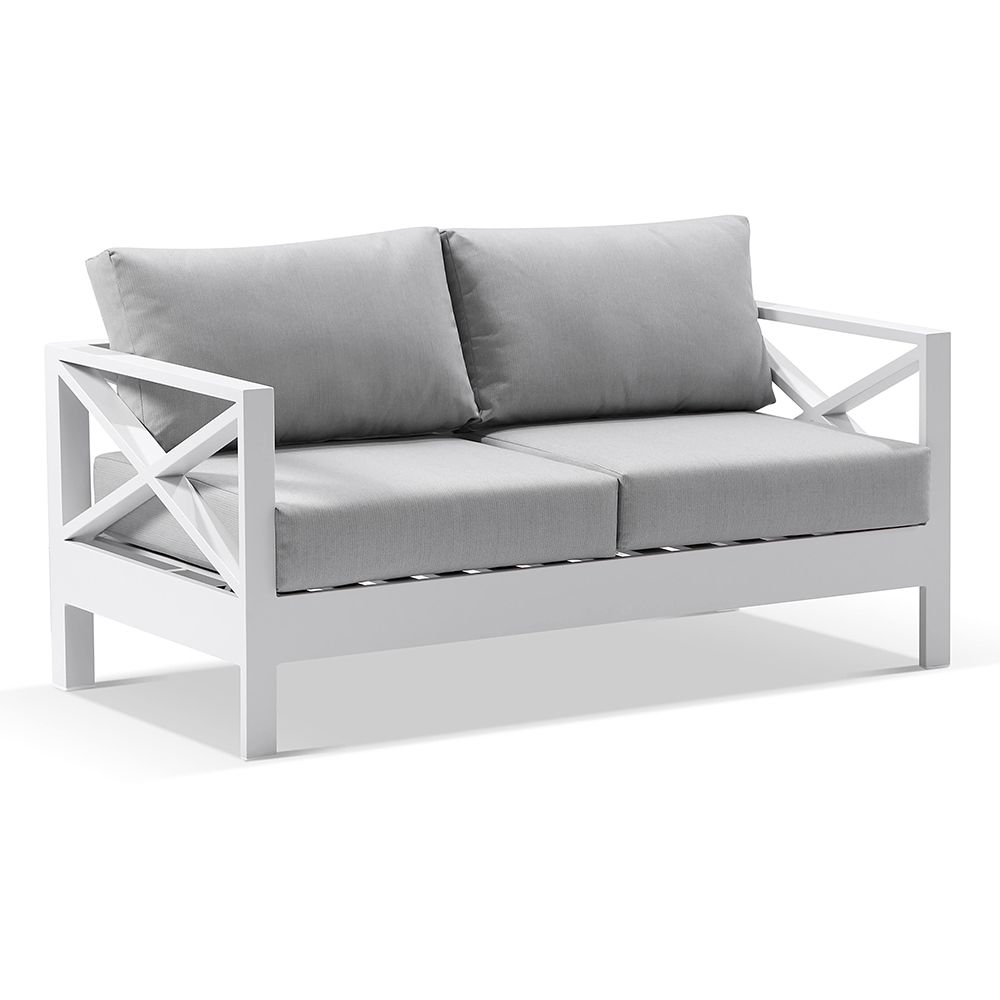 "Montego Bay" Hamptons Style Outdoor Aluminium 5 Piece Lounge Setting, White with Olefin Grey Cushions (RRP $5999) - Image 3