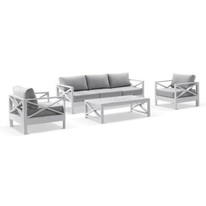 wp-image-tigress-38626.jpg "Montego Bay" Hamptons Style Outdoor Aluminium 4 Piece 3+1+1 Seater Lounge Setting, White with Olefin Grey Cushions (RRP $4999)