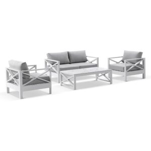 wp-image-tigress-38642.jpg "Montego Bay" Hamptons Style Outdoor Aluminium 4 Piece 2+1+1 Seater Lounge Setting, White with Olefin Grey Cushions (RRP $3999)
