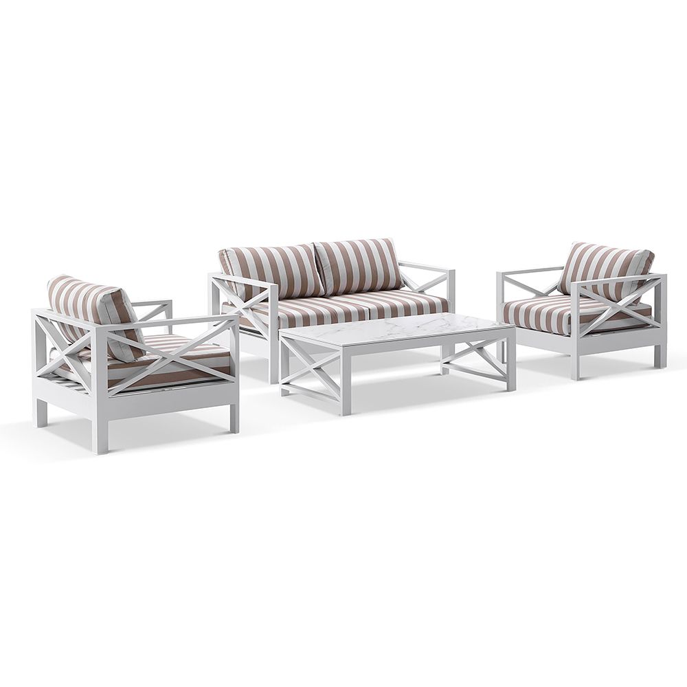 "Montego Bay" Hamptons Style Outdoor Aluminium 4 Piece 2+1+1 Seater Lounge Setting with Sunbrella Cushions (RRP $4799)