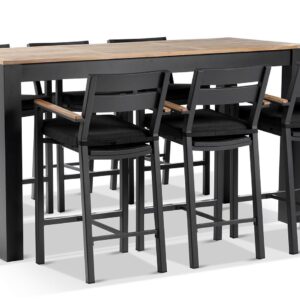 "Newport" Hamptons Style Outdoor 2m Aluminium and Teak Top Bar Table with 6 Avalon Bar Stools in Charcoal