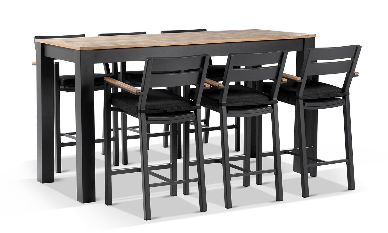 "Newport" Hamptons Style Outdoor 2m Aluminium and Teak Top Bar Table with 6 Avalon Bar Stools in Charcoal