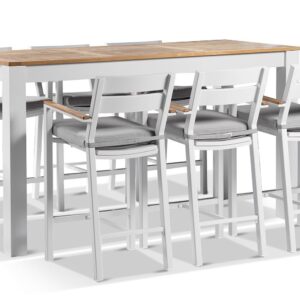 "Newport" Hamptons Style Outdoor 2m Aluminium and Teak Top Bar Table with 6 Avalon Bar Stools in White