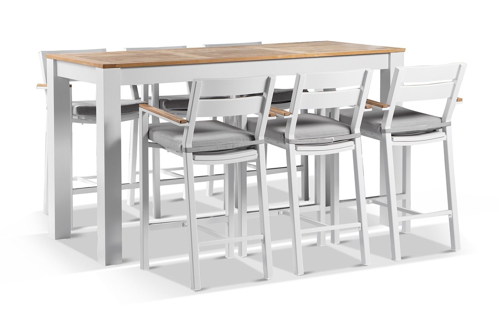 "Newport" Hamptons Style Outdoor 2m Aluminium and Teak Top Bar Table with 6 Avalon Bar Stools in White