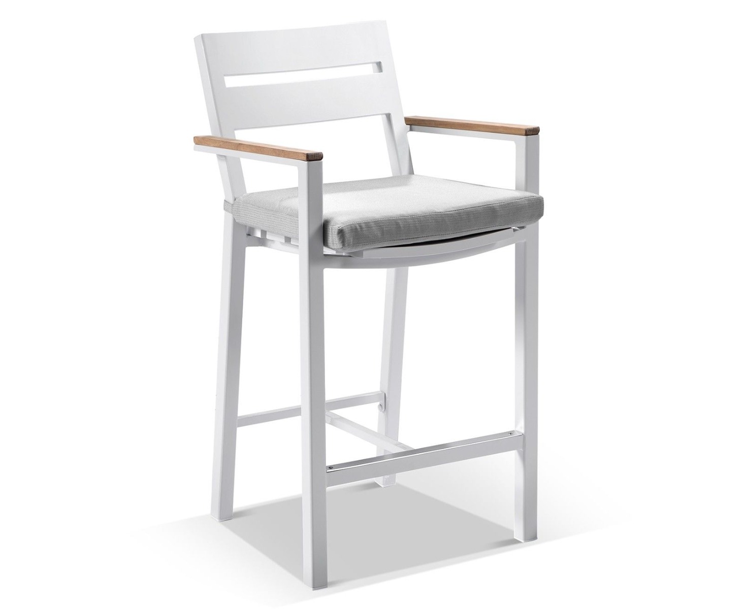 "Newport" Hamptons Style Outdoor 1.5m Aluminium and Teak Top Bar Table with 6 Avalon Bar Stools in White - Image 2