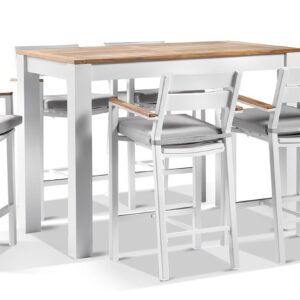 "Newport" Hamptons Style Outdoor 1.5m Aluminium and Teak Top Bar Table with 6 Avalon Bar Stools in White