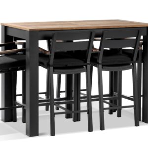 "Newport" Hamptons Style Outdoor 1.5m Aluminium and Teak Top Bar Table with 6 Avalon Bar Stools in Charcoal