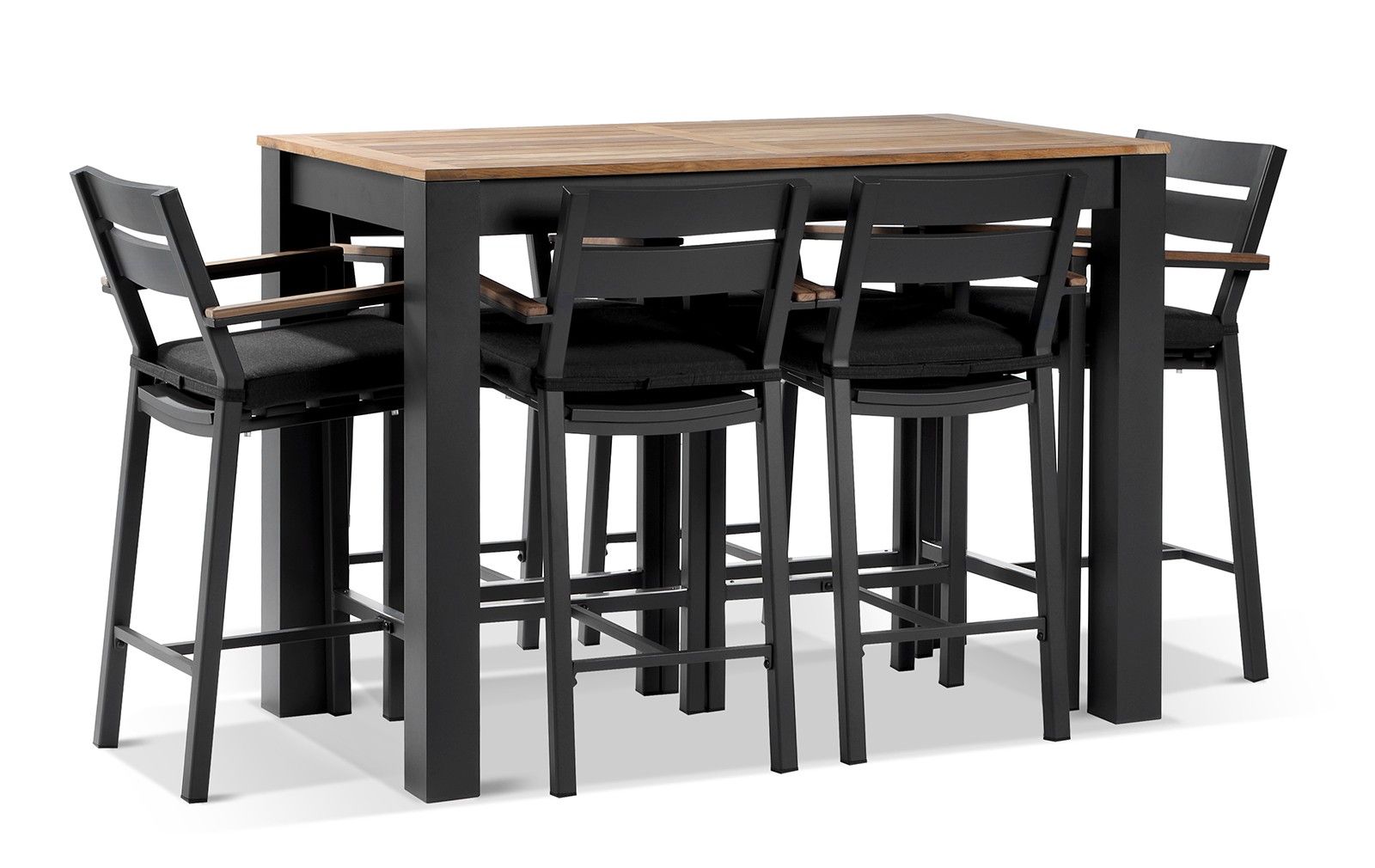 "Newport" Hamptons Style Outdoor 1.5m Aluminium and Teak Top Bar Table with 6 Avalon Bar Stools in Charcoal
