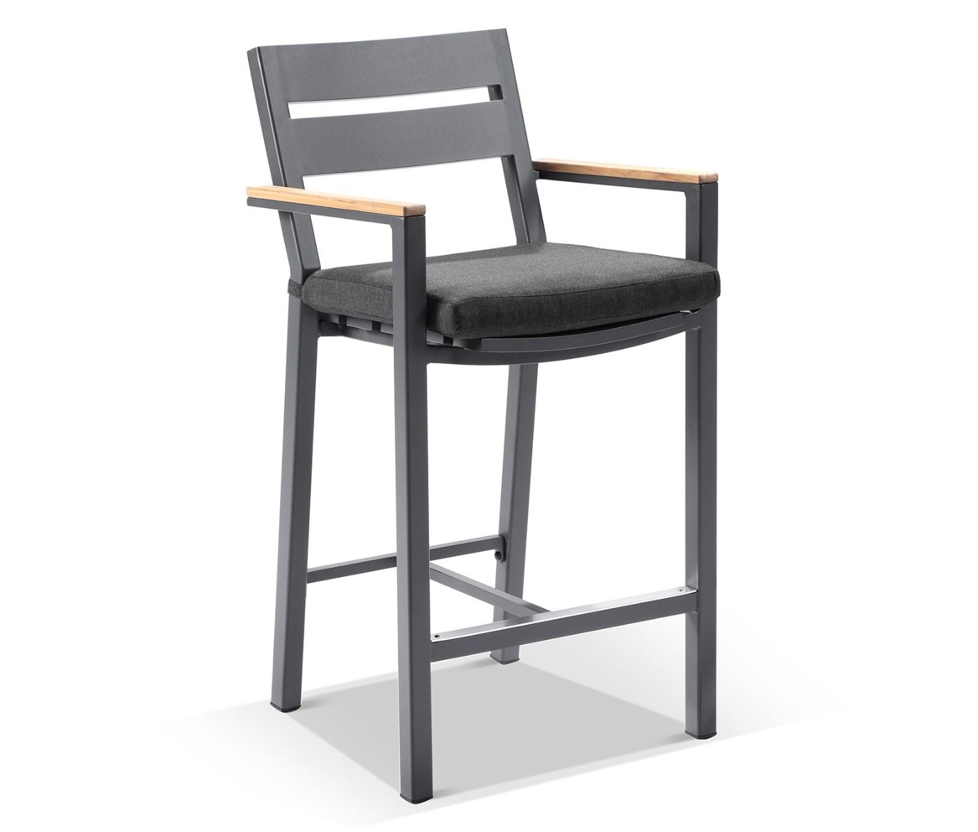 "Newport" Hamptons Style Outdoor 1.5m Aluminium and Teak Top Bar Table with 6 Avalon Bar Stools in Charcoal - Image 2