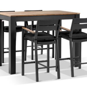 "Newport" Hamptons Style Outdoor 1.5m Aluminium and Teak Top Bar Table with 4 Avalon Bar Stools in Charcoal