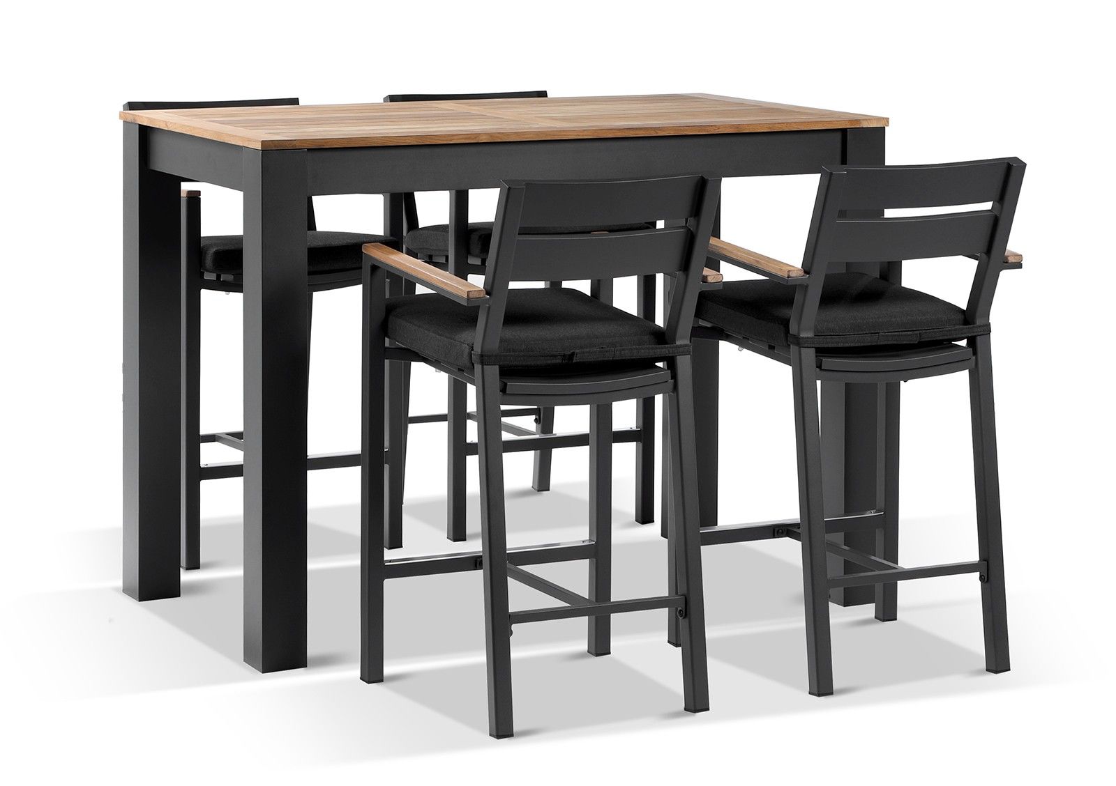 "Newport" Hamptons Style Outdoor 1.5m Aluminium and Teak Top Bar Table with 4 Avalon Bar Stools in Charcoal