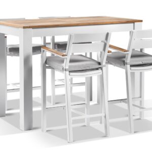 "Newport" Hamptons Style Outdoor 1.5m Aluminium and Teak Top Bar Table with 4 Avalon Bar Stools in White