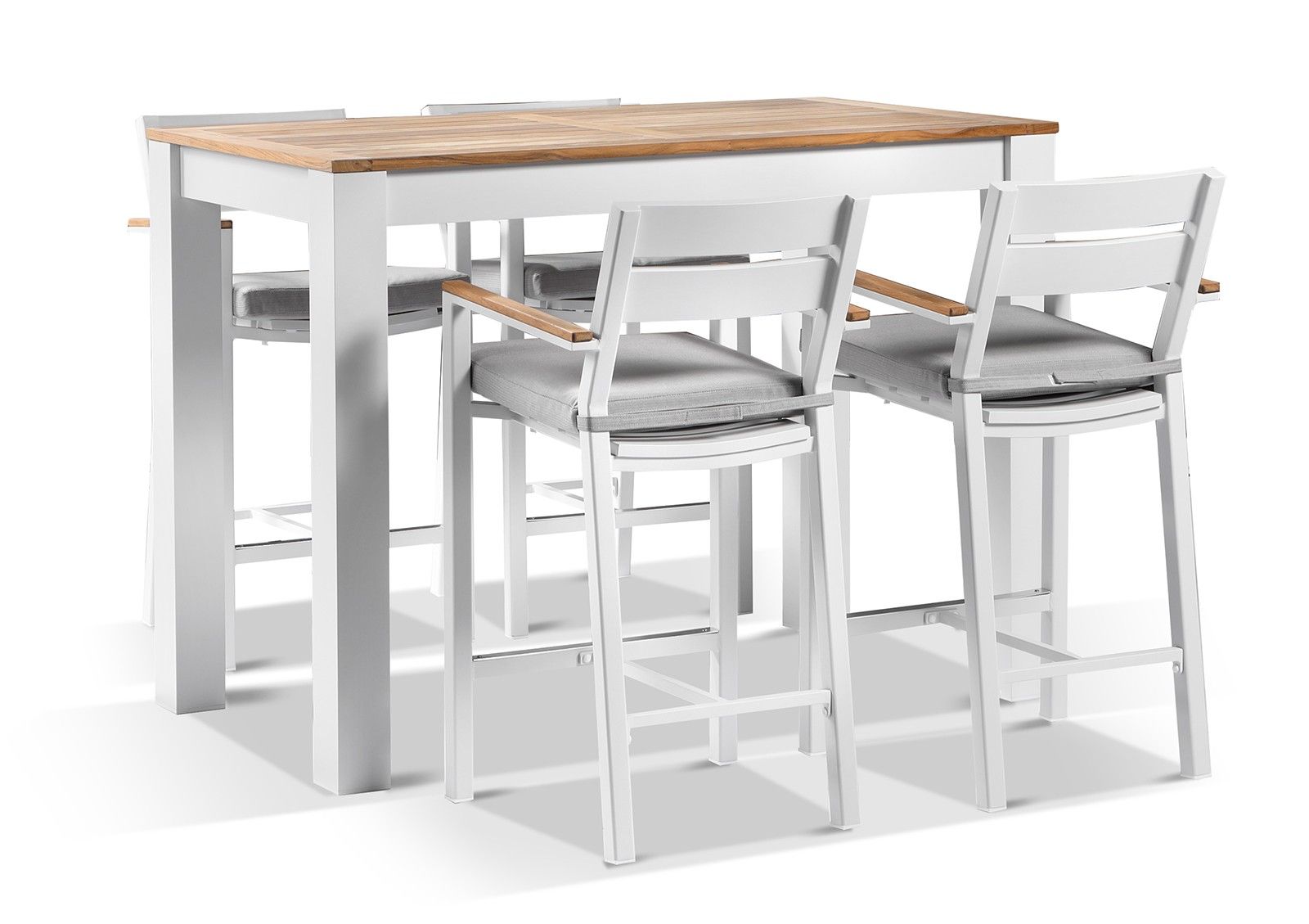 "Newport" Hamptons Style Outdoor 1.5m Aluminium and Teak Top Bar Table with 4 Avalon Bar Stools in White