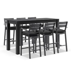 "Hawaii" Hamptons Style Outdoor Aluminium 2m Bar Table with 6 Bar Stools, Charcoal