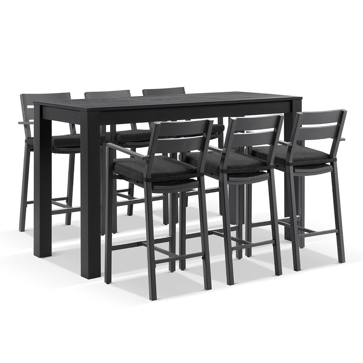"Hawaii" Hamptons Style Outdoor Aluminium 2m Bar Table with 6 Bar Stools, Charcoal