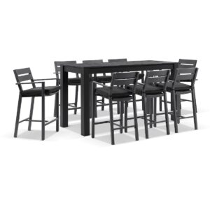 "Hawaii" Hamptons Style Outdoor Aluminium 2m Bar Table with 8 Bar Stools, Charcoal