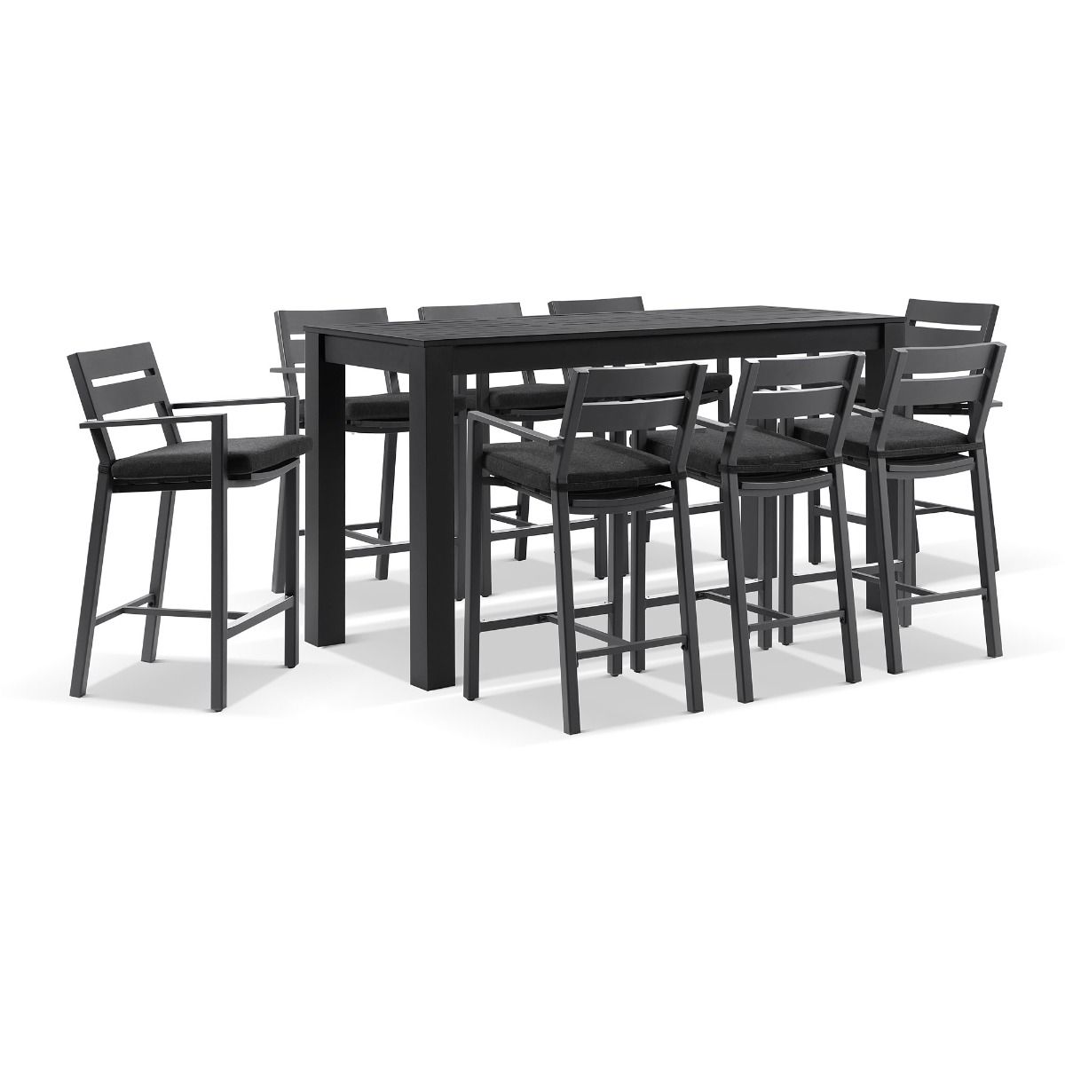 "Hawaii" Hamptons Style Outdoor Aluminium 2m Bar Table with 8 Bar Stools, Charcoal