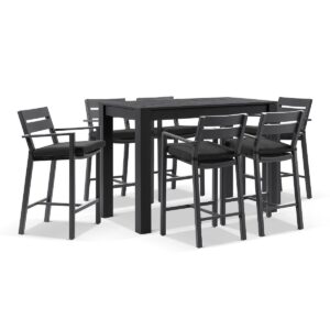 "Hawaii" Hamptons Style Outdoor Aluminium 1.5m Bar Table with 6 Bar Stools, Charcoal