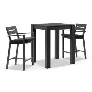 "Hawaii" Hamptons Style Outdoor Aluminium Square Bar Table with 2 Bar Stools, Charcoal