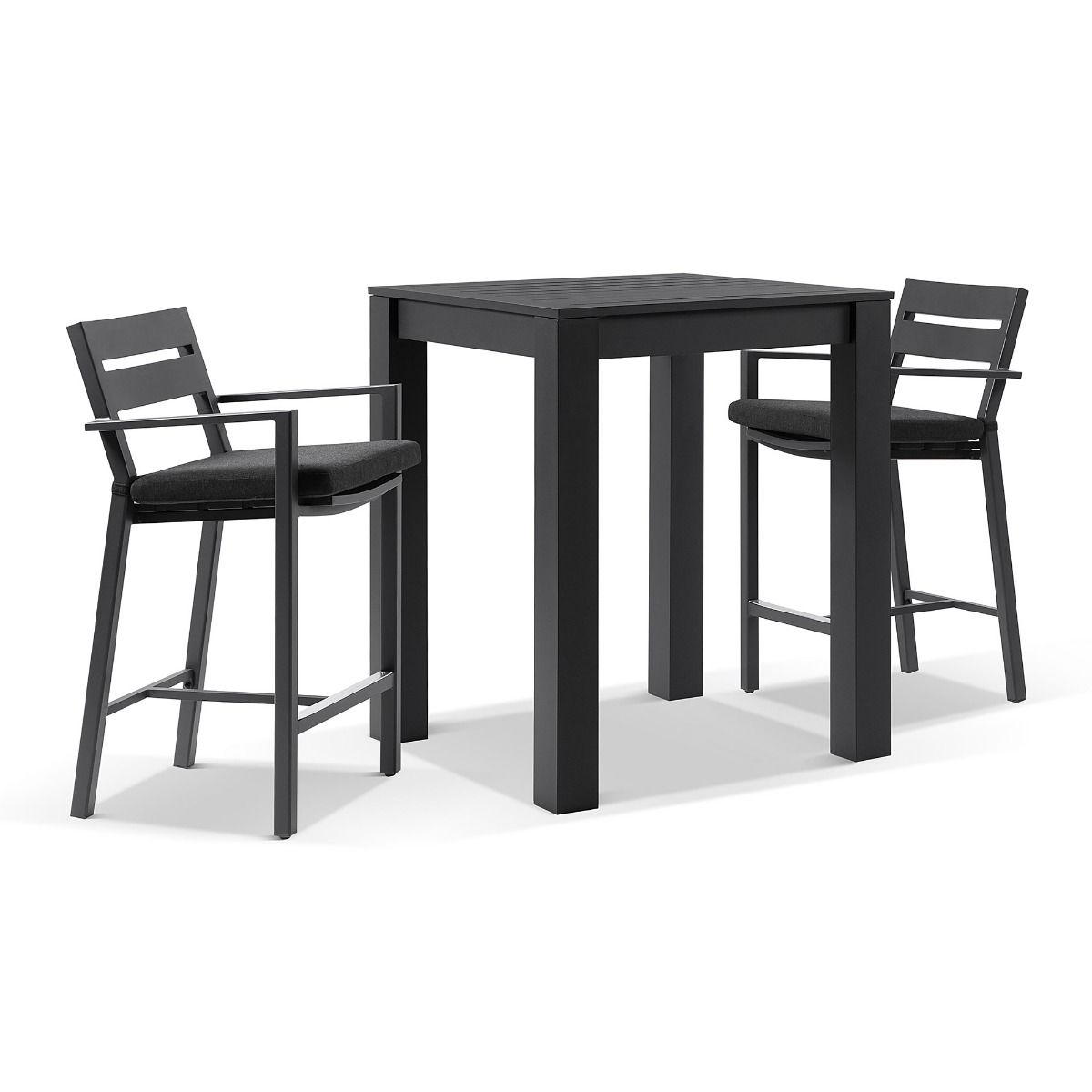 "Hawaii" Hamptons Style Outdoor Aluminium Square Bar Table with 2 Bar Stools, Charcoal