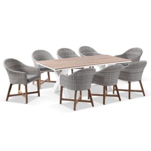 "Montego Bay" Hamptons Style Outdoor Aluminium 2m Dining Setting with 8 Teak & Wicker Chairs