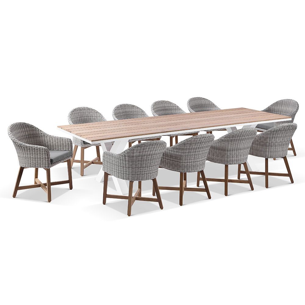 "Montego Bay" Hamptons Style Outdoor Aluminium 3m Dining Setting with 10 Teak & Wicker Chairs