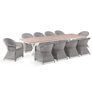 "Montego Bay" Hamptons Style Outdoor Aluminium 3m Dining Setting with 10 Wicker Chairs