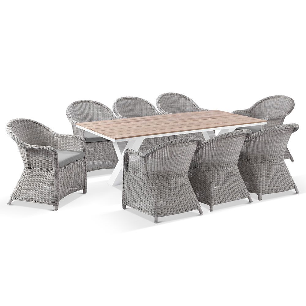 "Montego Bay" Hamptons Style Outdoor Aluminium 2m Dining Setting with 8 Wicker Chairs