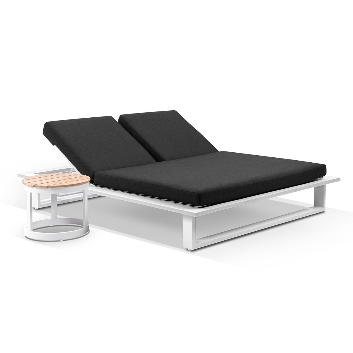 "Barbados" Hamptons Style Double Aluminium Sun Lounge in White with Denim Grey Cushions & Teak Look Round Side Table